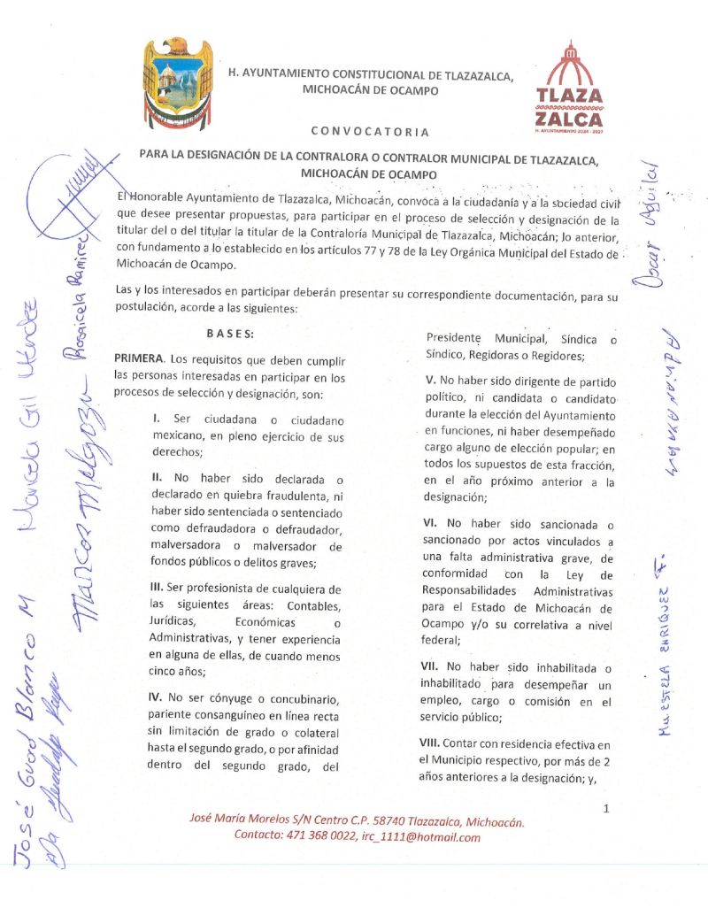 CONVOCATORIA PARA LA DESIGNACIÓN DE LA CONTRALORA O CONTRALOR MUNICIPAL  2024